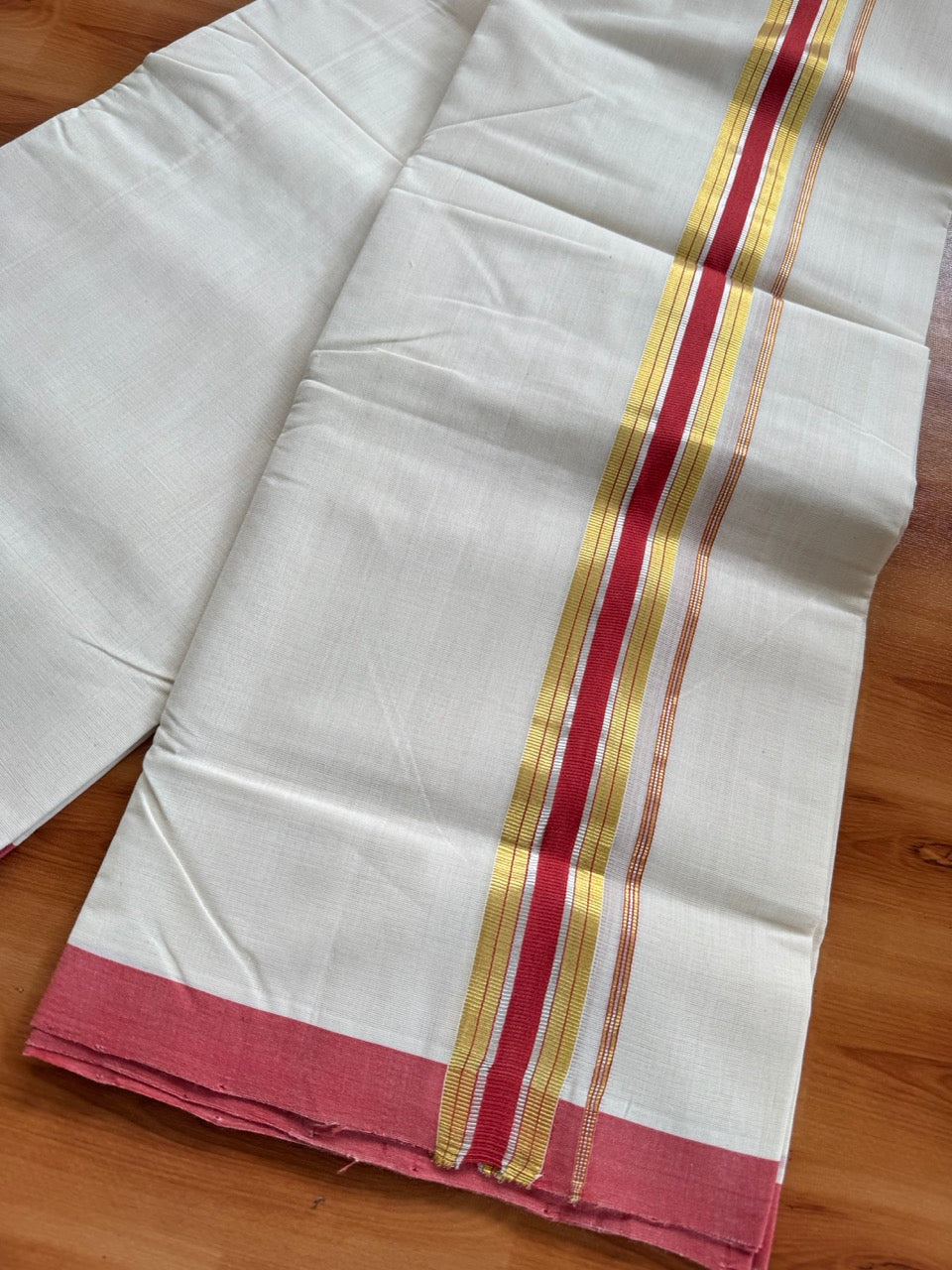 Double Off White (Unbleached) Mundu/Dhoti  25% Discount!! KaithariKada Handloom Millpaav - Kerala Handloom - 100% Pure Cotton - 80x90 - 1.5 Inch Gold Silver Kasav & Peach Red Striped Kara 4 mtr (8.5 Muzham) - 22 KK5508 RAM