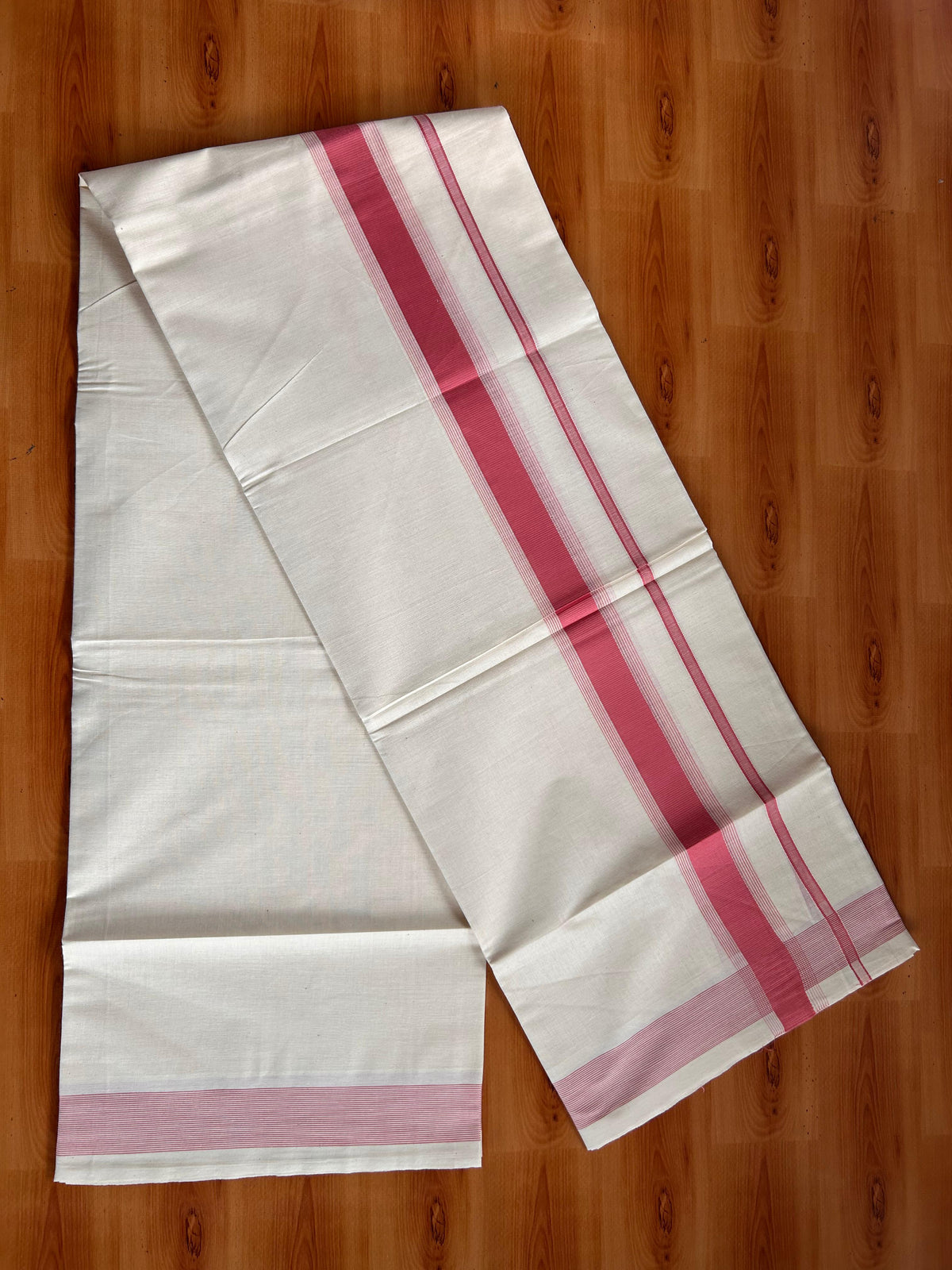 Double Off White (Unbleached) Mundu/Dhoti - 20% Discount! Kaitharikada Pulimood Pure Cotton - 100x80 - 1.75 Inch Peach Pink Striped Kara 4 mtr (8.5 muzham) - 17 KK5541 PMC