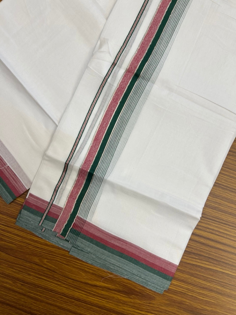 20% DISCOUNT ! KaithariKada Balaramapuram 100% Cotton Double PURE WHITE Mundu/Dhoti - 100X80 - 1.5 inch Silver kasav Dark Green & Pink Maroon Stripes kara 3.90 mtr (8 muzham)- 13 KK5251 PMC