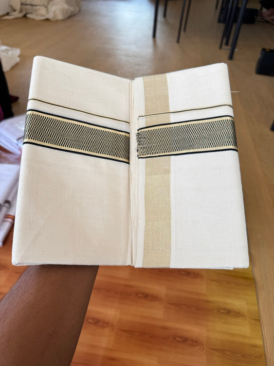 25% Discount ! Kaitharikada Handloom Unakkupaav - Kerala Handloom - 100% Pure Cotton Off White - (Unbleached) Double Mund/Dhoti - 100x80 - 1.75 inch Gold Kasav & Black Jacquard Design Kara 4 mtr (8.5 Muzham) - 26 KK5384 ABH