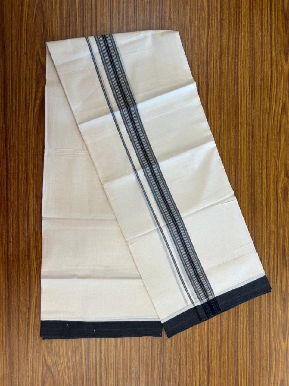 20% DISCOUNT! KaithariKada Balaramapuram Double OFF WHITE Mundu/Dhoti - 100x80 - 1.5 Inch Black Shaded striped Kara - 16 KK5285 VAS