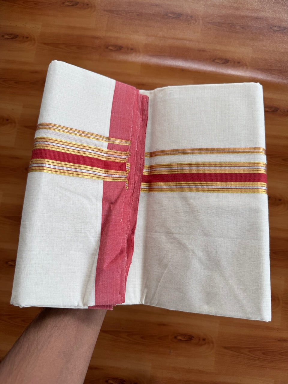 Double Off White (Unbleached) Mundu/Dhoti  25% Discount!! KaithariKada Handloom Millpaav - Kerala Handloom - 100% Pure Cotton - 80x90 - 1.25 Inch Gold Silver Kasav & Peach Red Striped Kara 4 mtr (8.5 Muzham) - 17 KK5508 RAM
