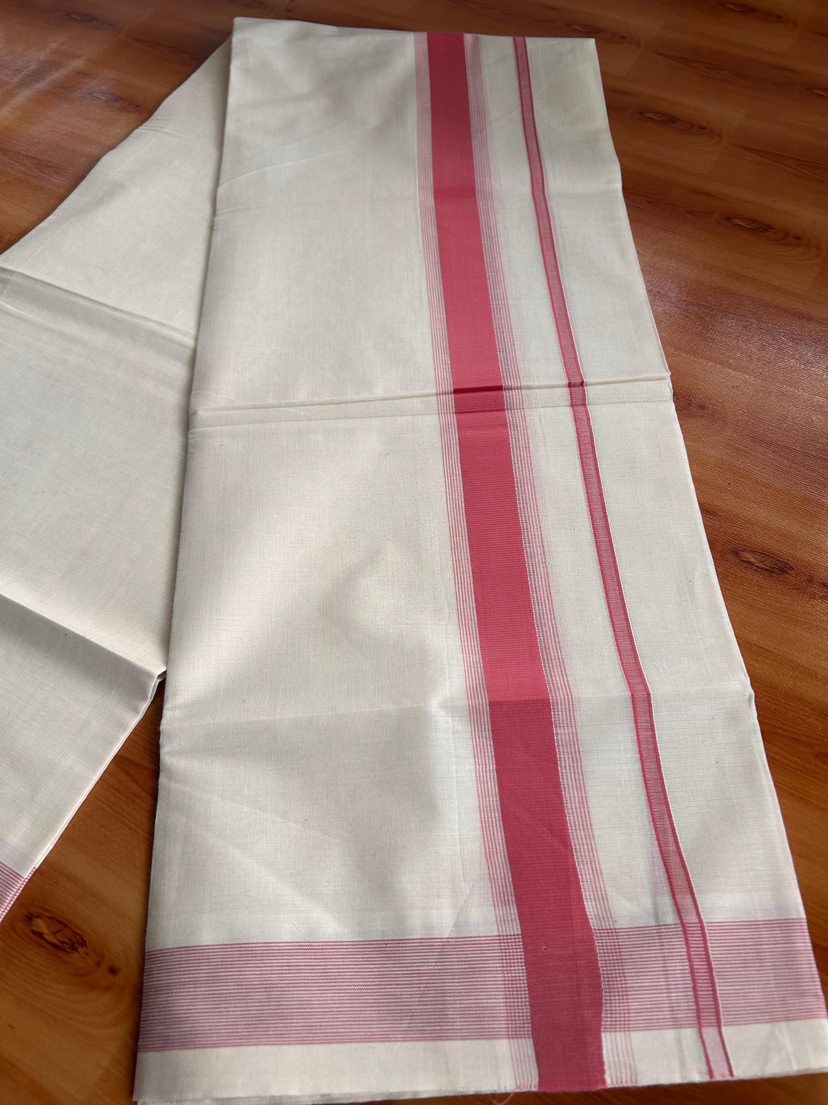 Double Off White (Unbleached) Mundu/Dhoti - 20% Discount! Kaitharikada Pulimood Pure Cotton - 100x80 - 1.75 Inch Peach Pink Striped Kara 4 mtr (8.5 muzham) - 17 KK5541 PMC
