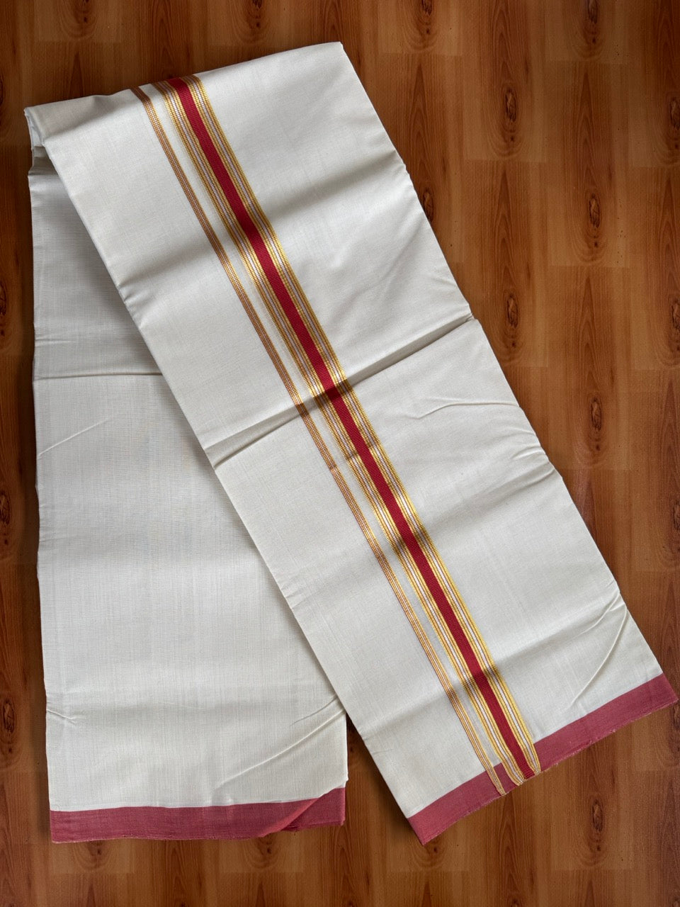 Double Off White (Unbleached) Mundu/Dhoti  25% Discount!! KaithariKada Handloom Millpaav - Kerala Handloom - 100% Pure Cotton - 80x90 - 1.25 Inch Gold Silver Kasav & Peach Red Striped Kara 4 mtr (8.5 Muzham) - 17 KK5508 RAM
