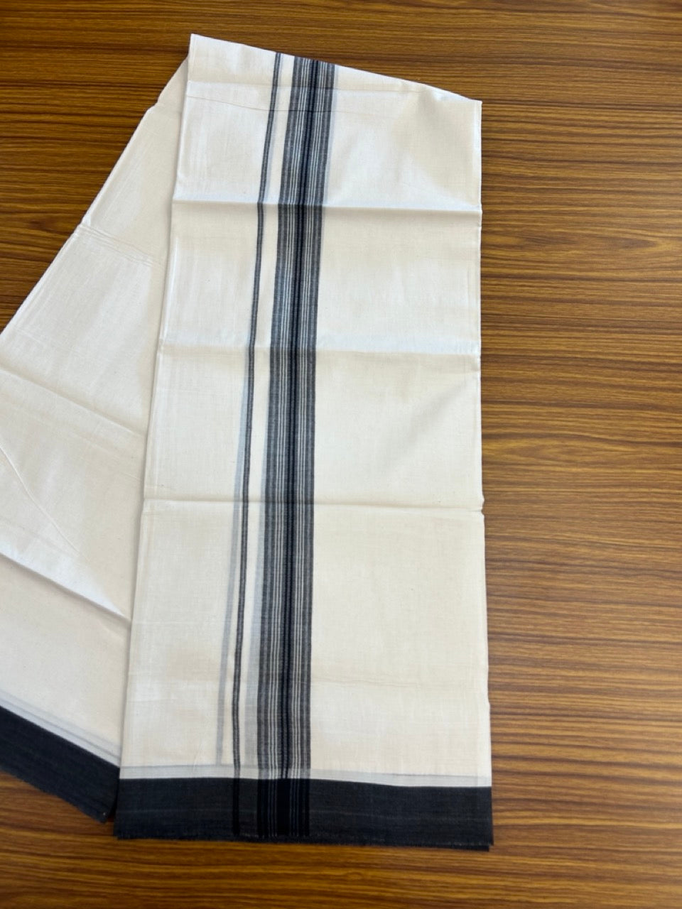 20% DISCOUNT! KaithariKada Balaramapuram Double OFF WHITE Mundu/Dhoti - 100x80 - 1.5 Inch Black Shaded striped Kara - 16 KK5285 VAS