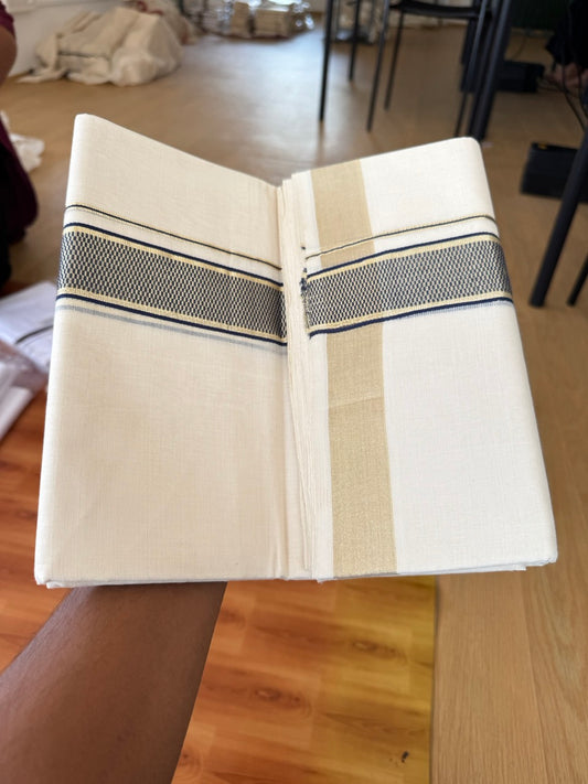 25% Discount ! Kaitharikada Handloom Unakkupaav - Kerala Handloom - 100% Pure Cotton Off White - (Unbleached) Double Mund/Dhoti - 100x80 - 1.5 inch Gold Kasav & Navy Blue Jacquard Design Kara 4 mtr (8.5 Muzham) - 28 KK5384 ABH