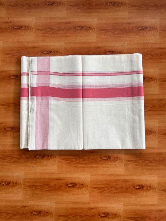 Double Off White (Unbleached) Mundu/Dhoti - 20% Discount! Kaitharikada Pulimood Pure Cotton - 100x80 - 1.75 Inch Peach Pink Striped Kara 4 mtr (8.5 muzham) - 17 KK5541 PMC