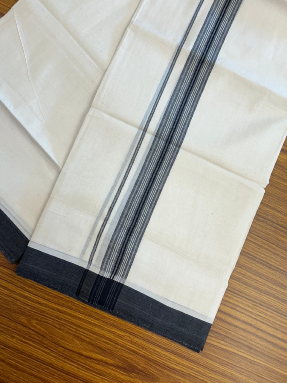 20% DISCOUNT! KaithariKada Balaramapuram Double OFF WHITE Mundu/Dhoti - 100x80 - 1.5 Inch Black Shaded striped Kara - 16 KK5285 VAS