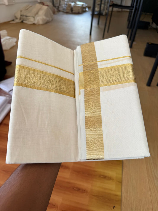 25% Discount ! KaithariKada Handloom Unakkupaav Kerala Handloom - 100% Pure Cotton Off White (Unbleached) Double Mundu/Dhoti - 100x80 - 1.75 Inch Gold kasav Jacquard Design Kara 4 mtr (8.5 muzham) - 18 KK5384 ABH