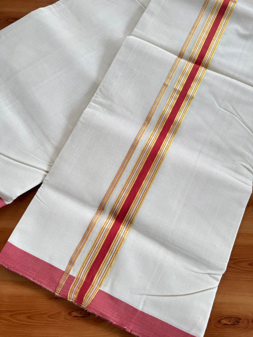 Double Off White (Unbleached) Mundu/Dhoti  25% Discount!! KaithariKada Handloom Millpaav - Kerala Handloom - 100% Pure Cotton - 80x90 - 1.25 Inch Gold Silver Kasav & Peach Red Striped Kara 4 mtr (8.5 Muzham) - 17 KK5508 RAM