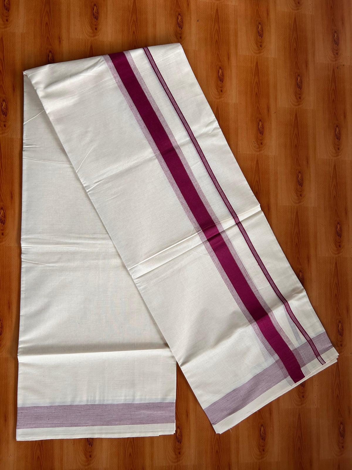Double Off White (Unbleached) Mundu/Dhoti - 20% Discount! Kaitharikada Pulimood Pure Cotton - 100x80 - 1.75 Inch Purple Wine Striped Kara 4 mtr (8.5 muzham) - 15 KK5541 PMC