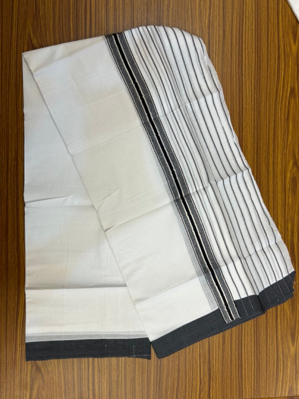20% DISCOUNT ! KaithariKada Balaramapuram 100% Cotton Double Pure White Mundu/Dhoti - 100X80 - 6.5 inch Silver kasav Black Stripes kara 3.90 mtr (8 muzham) - 15 KK5251 PMC