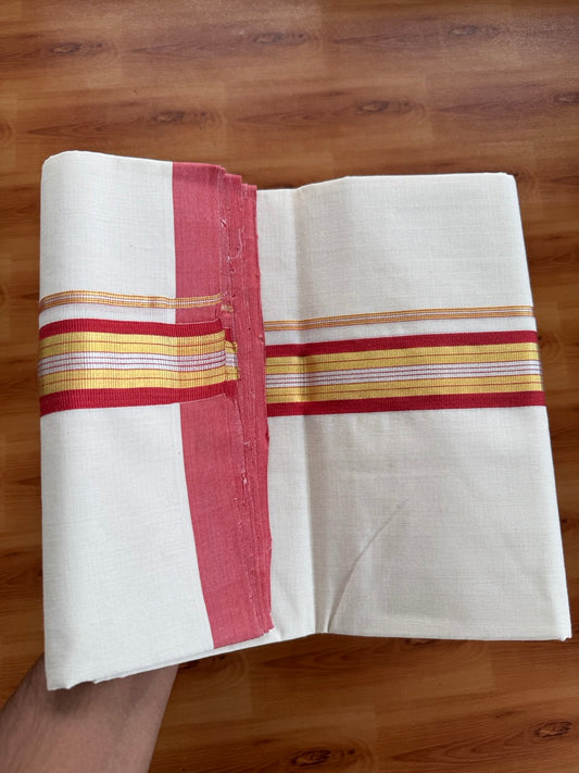 Double Off White (Unbleached) Mundu/Dhoti  25% Discount!! KaithariKada Handloom Millpaav - Kerala Handloom - 100% Pure Cotton - 80x90 - 1.75 Inch Gold Silver Kasav & Peach Red Striped Kara 4 mtr (8.5 Muzham) - 18 KK5508 RAM
