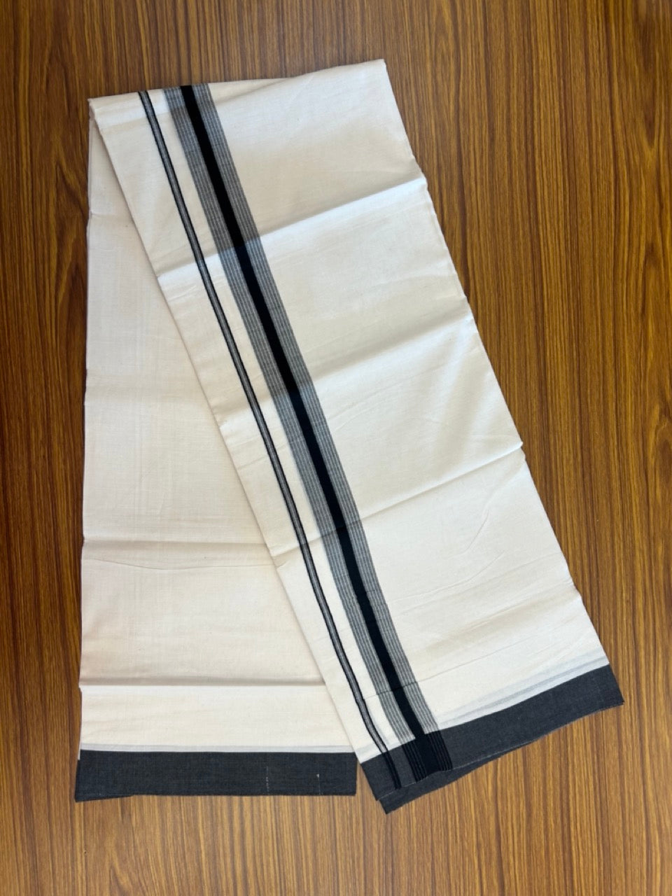20% DISCOUNT! KaithariKada Balaramapuram Double OFF WHITE Mundu/Dhoti - 100x80 - 1.5 Inch Black Shaded striped Kara - 17 KK5285 VAS