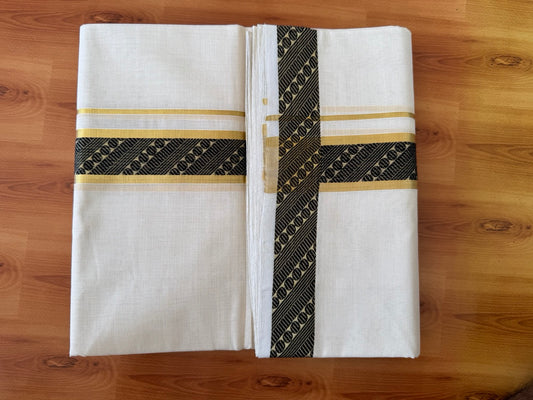 25% Discount ! Kaitharikada Handloom Unakkupaav - Kerala Handloom - 100% Pure Cotton Off White - (Unbleached) Double Mund/Dhoti - 100x80 - 1.75 inch Gold Kasav & Black Jacquard Design Kara 4 mtr (8.5 Muzham) - 40 KK5384 ABH