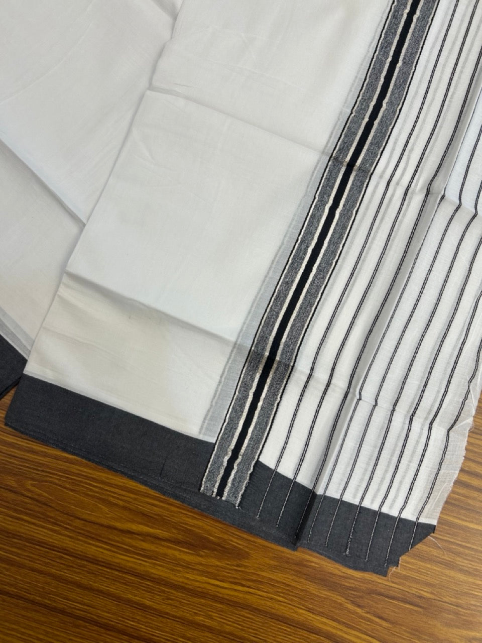 20% DISCOUNT ! KaithariKada Balaramapuram 100% Cotton Double Pure White Mundu/Dhoti - 100X80 - 6.5 inch Silver kasav Black Stripes kara 3.90 mtr (8 muzham) - 15 KK5251 PMC