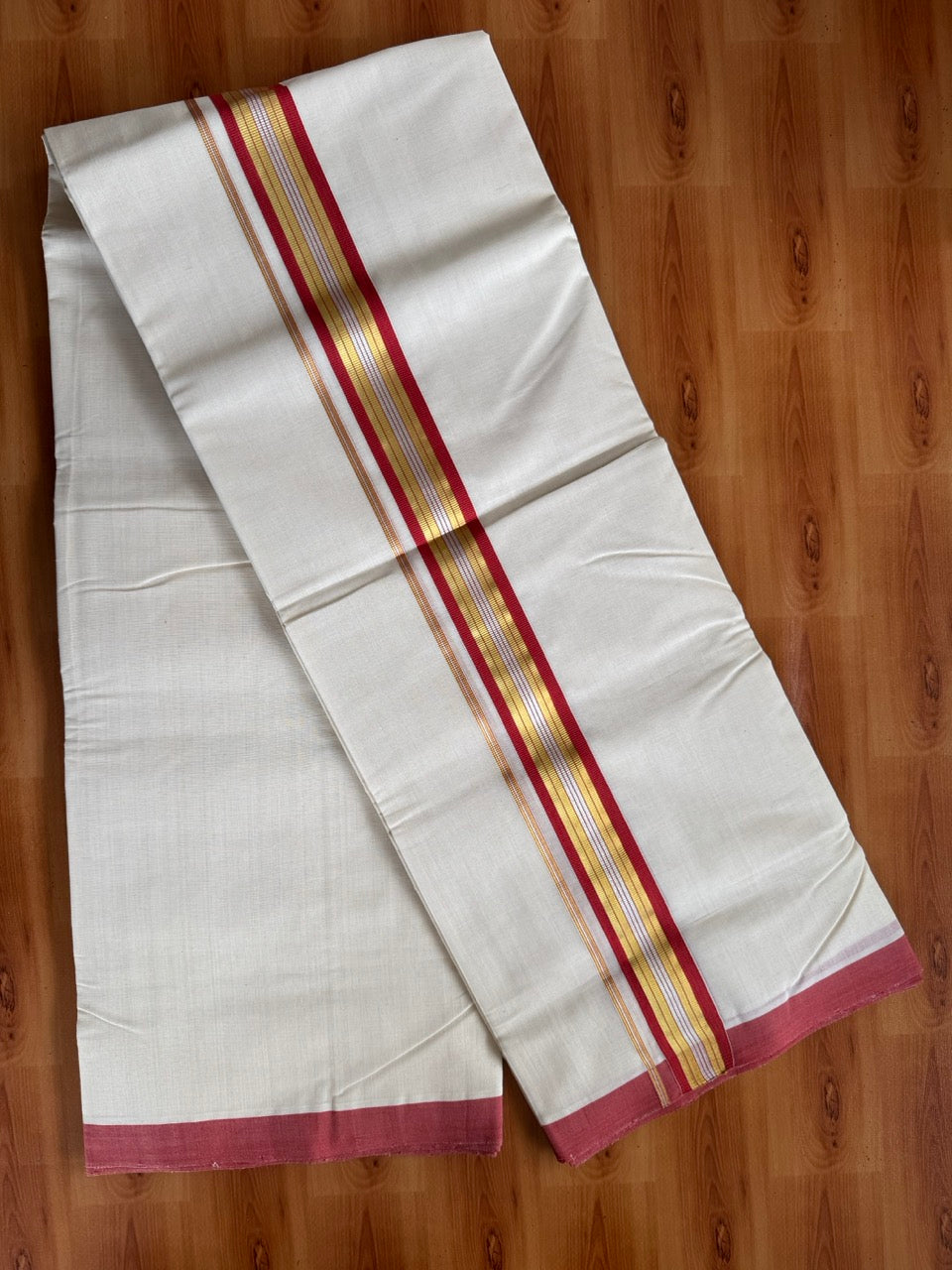 Double Off White (Unbleached) Mundu/Dhoti  25% Discount!! KaithariKada Handloom Millpaav - Kerala Handloom - 100% Pure Cotton - 80x90 - 1.75 Inch Gold Silver Kasav & Peach Red Striped Kara 4 mtr (8.5 Muzham) - 18 KK5508 RAM