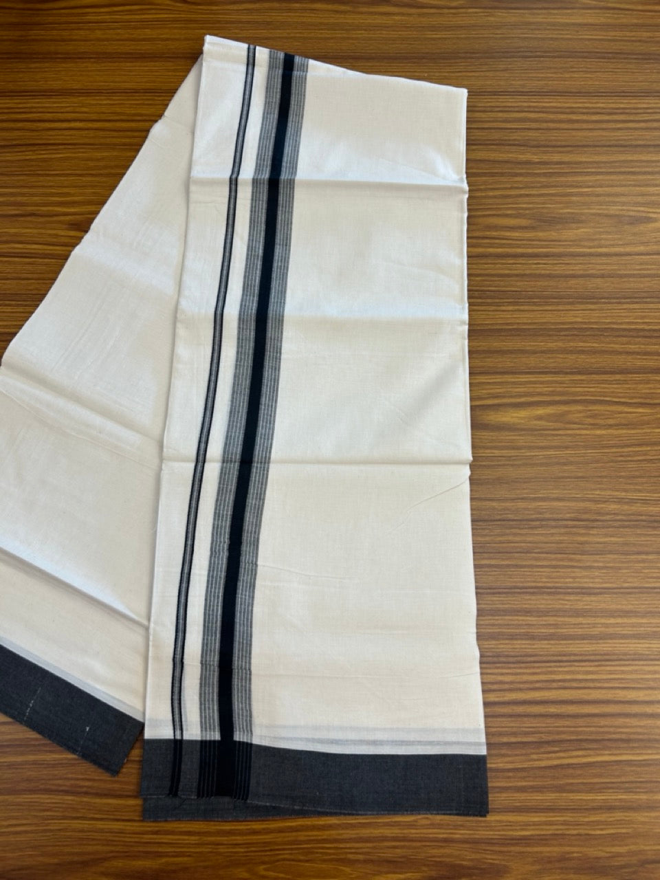 20% DISCOUNT! KaithariKada Balaramapuram Double OFF WHITE Mundu/Dhoti - 100x80 - 1.5 Inch Black Shaded striped Kara - 17 KK5285 VAS