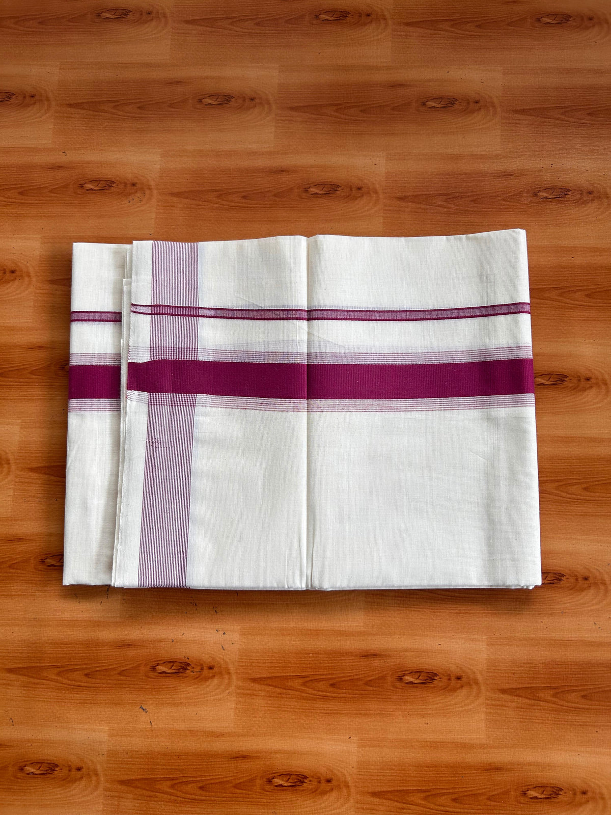 Double Off White (Unbleached) Mundu/Dhoti - 20% Discount! Kaitharikada Pulimood Pure Cotton - 100x80 - 1.75 Inch Purple Wine Striped Kara 4 mtr (8.5 muzham) - 15 KK5541 PMC