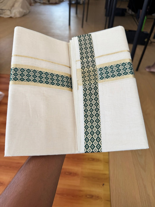 25% Discount ! Kaitharikada Handloom Unakkupaav - Kerala Handloom - 100% Pure Cotton Off White - (Unbleached) Double Mund/Dhoti - 100x80 - 1.75 inch Light Gold Kasav & Green Jacquard Design Kara 4 mtr (8.5 Muzham) - 36 KK5384 ABH