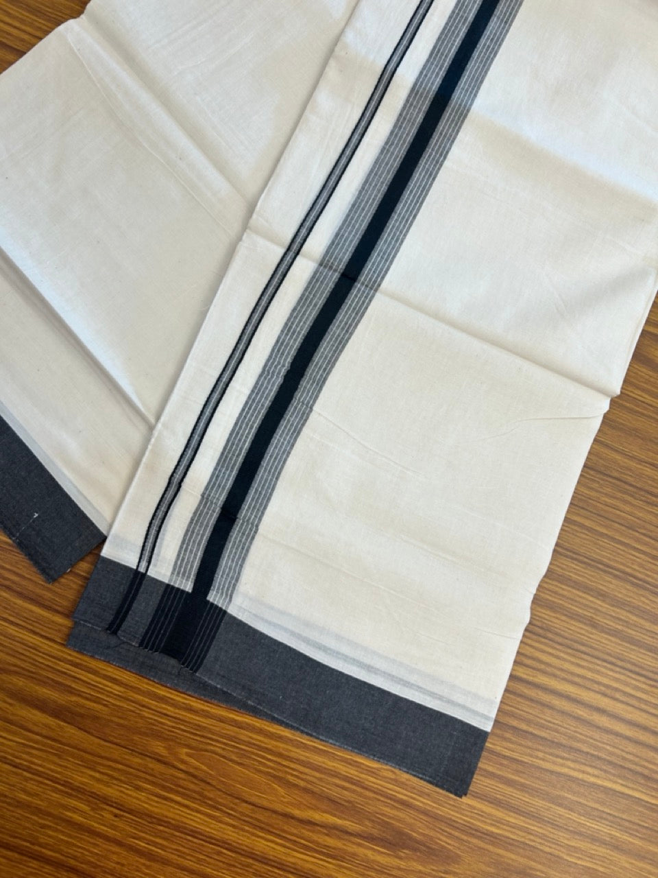 20% DISCOUNT! KaithariKada Balaramapuram Double OFF WHITE Mundu/Dhoti - 100x80 - 1.5 Inch Black Shaded striped Kara - 17 KK5285 VAS