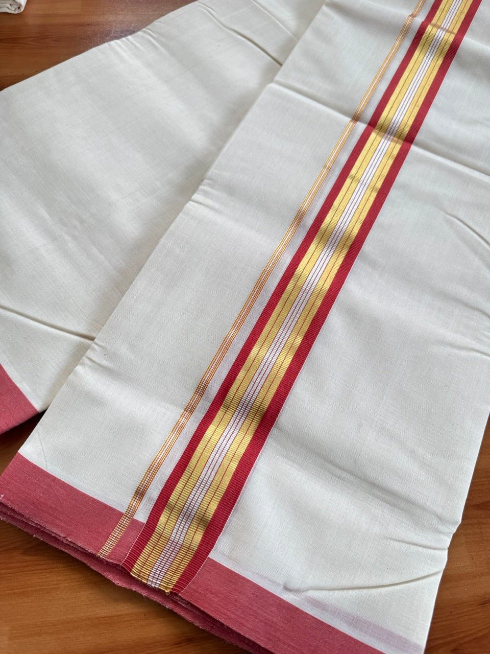 Double Off White (Unbleached) Mundu/Dhoti  25% Discount!! KaithariKada Handloom Millpaav - Kerala Handloom - 100% Pure Cotton - 80x90 - 1.75 Inch Gold Silver Kasav & Peach Red Striped Kara 4 mtr (8.5 Muzham) - 18 KK5508 RAM