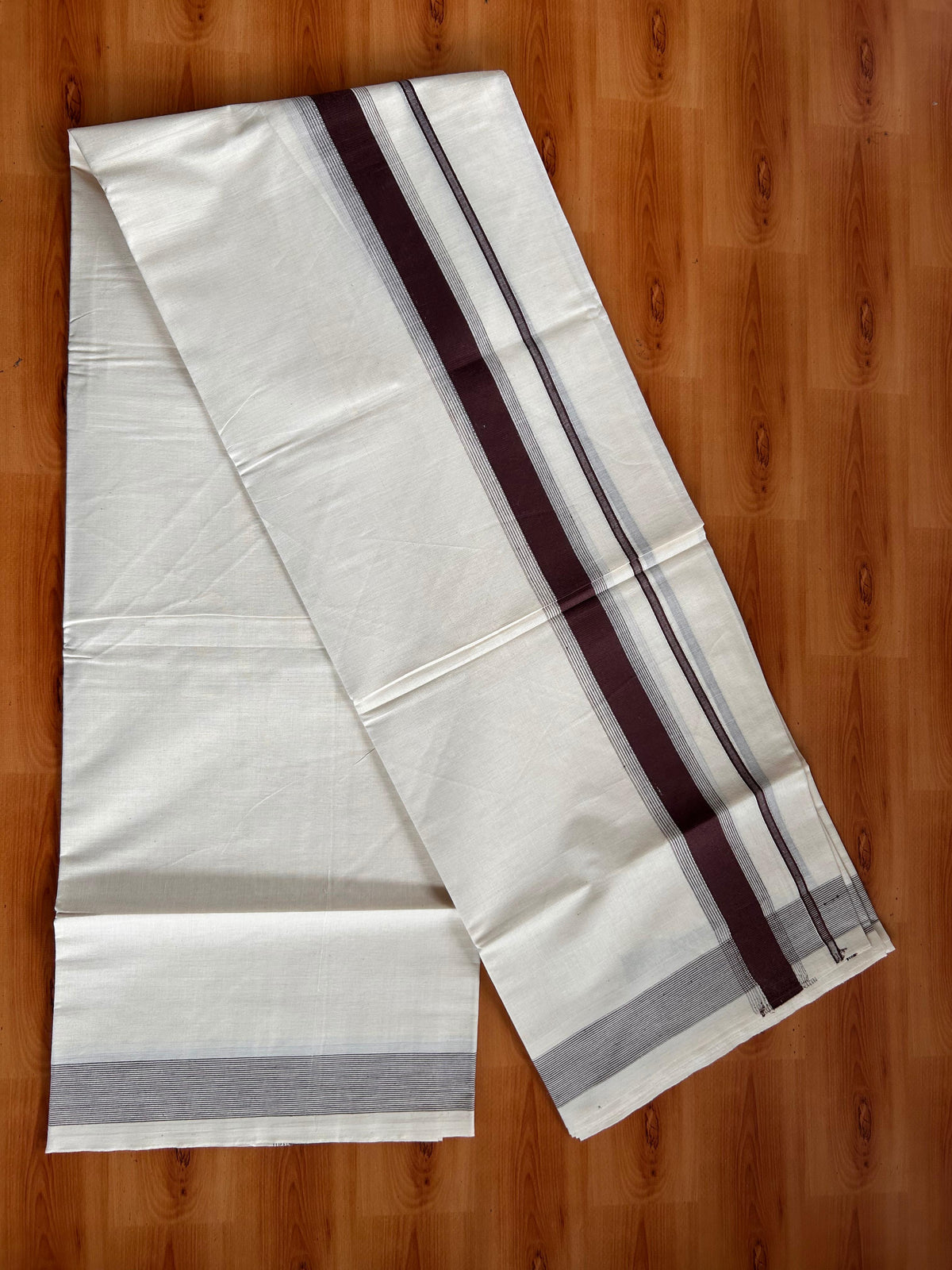 Double Off White (Unbleached) Mundu/Dhoti - 20% Discount! Kaitharikada Pulimood Pure Cotton - 100x80 - 1.75 Inch Brown Striped Kara 4 mtr (8.5 muzham) - 18 KK5541 PMC