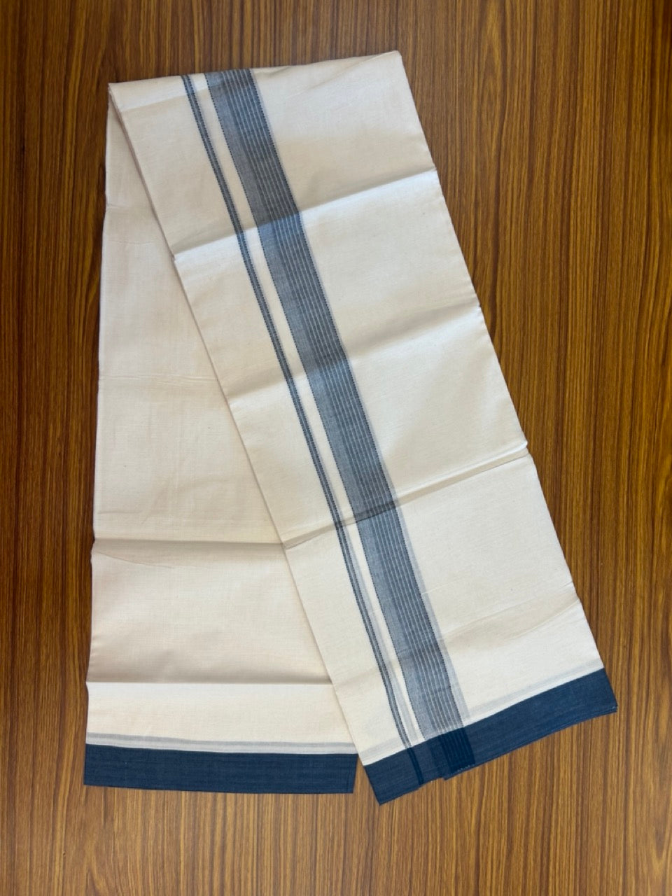 20% DISCOUNT! KaithariKada Balaramapuram Double OFF WHITE Mundu/Dhoti - 100x80 - 1.5 Inch Peacock Blue Shaded striped Kara - 18 KK5285 VAS