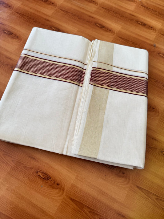 25% Discount ! Kaitharikada Handloom Unakkupaav - Kerala Handloom - 100% Pure Cotton Off White - (Unbleached) Double Mund/Dhoti - 100x80 - 1.5 inch Gold Kasav & Maroon Jacquard Design Kara 4 mtr (8.5 Muzham) - 27 KK5384 ABH