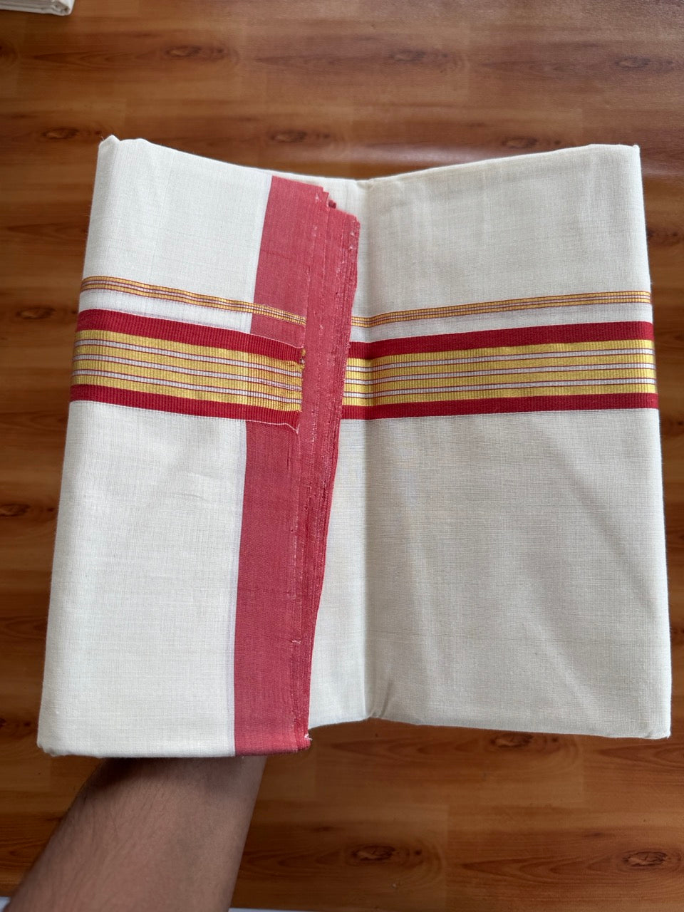 Double Off White (Unbleached) Mundu/Dhoti  25% Discount!! KaithariKada Handloom Millpaav - Kerala Handloom - 100% Pure Cotton - 80x90 - 1.5 Inch Gold Silver Kasav & Peach Red Striped Kara 4 mtr (8.5 Muzham) - 21 KK5508 RAM