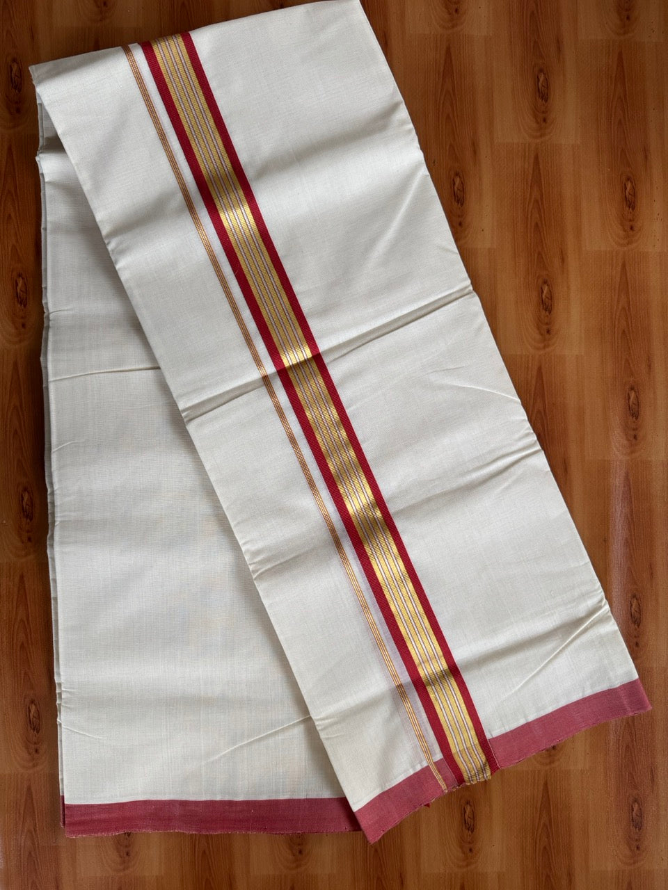 Double Off White (Unbleached) Mundu/Dhoti  25% Discount!! KaithariKada Handloom Millpaav - Kerala Handloom - 100% Pure Cotton - 80x90 - 1.5 Inch Gold Silver Kasav & Peach Red Striped Kara 4 mtr (8.5 Muzham) - 21 KK5508 RAM