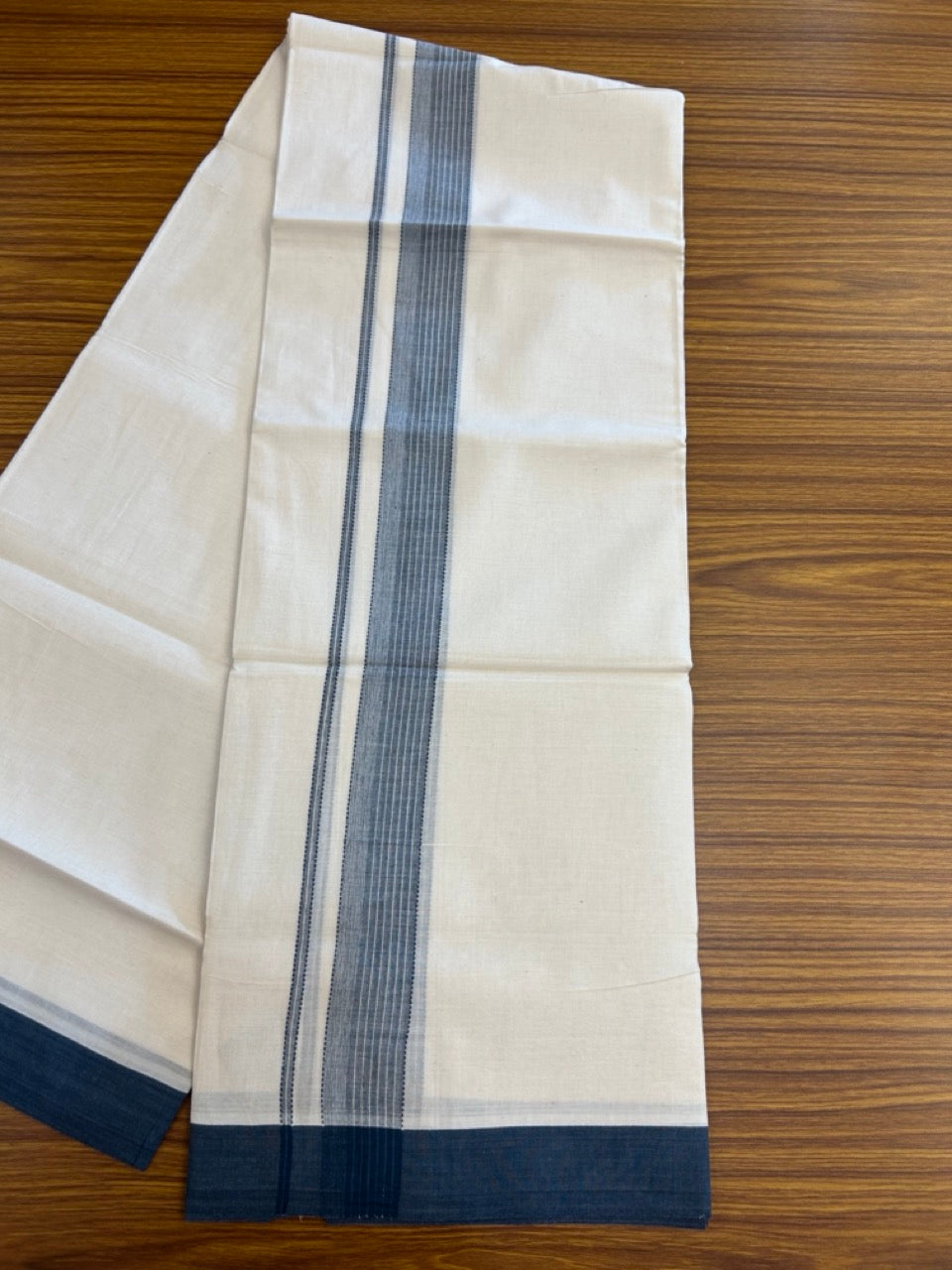 20% DISCOUNT! KaithariKada Balaramapuram Double OFF WHITE Mundu/Dhoti - 100x80 - 1.5 Inch Peacock Blue Shaded striped Kara - 18 KK5285 VAS
