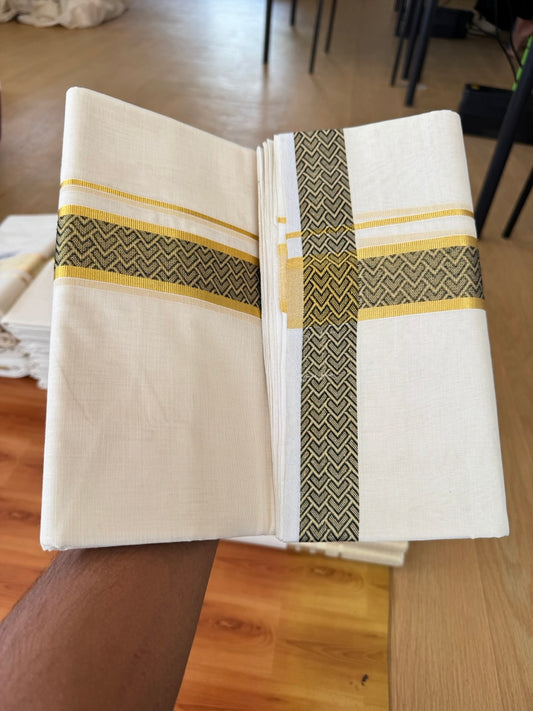 25% Discount ! Kaitharikada Handloom Unakkupaav - Kerala Handloom - 100% Pure Cotton Off White - (Unbleached) Double Mund/Dhoti - 100x80 - 1.75 inch Gold Kasav & Black Jacquard Design Kara 4 mtr (8.5 Muzham) - 41 KK5384 ABH