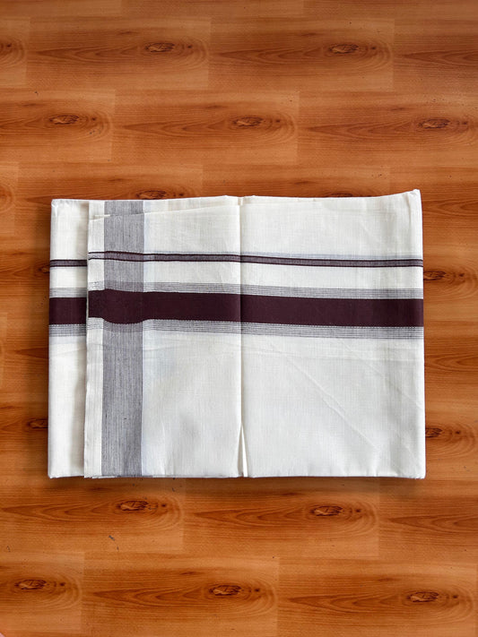 Double Off White (Unbleached) Mundu/Dhoti - 20% Discount! Kaitharikada Pulimood Pure Cotton - 100x80 - 1.75 Inch Brown Striped Kara 4 mtr (8.5 muzham) - 18 KK5541 PMC