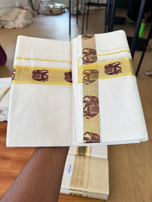 25% Discount ! Kaitharikada Handloom Unakkupaav - Kerala Handloom - 100% Pure Cotton Off White - (Unbleached) Double Mund/Dhoti - 100x80 - 1.75 inch Gold Kasav Elephant Jacquard Design Kara 4 mtr (8.5 Muzham) - 39 KK5384 ABH