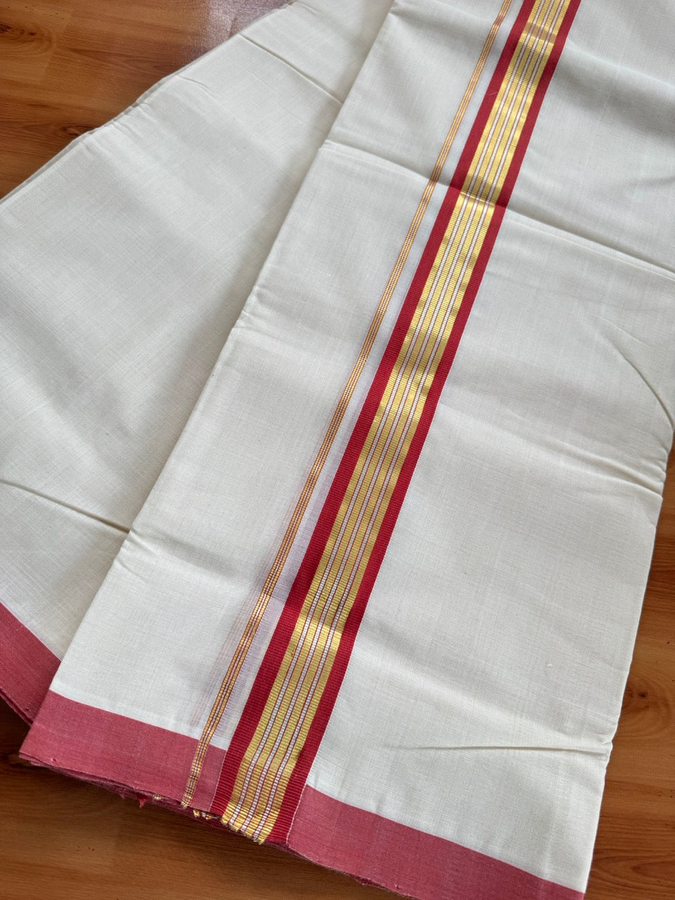 Double Off White (Unbleached) Mundu/Dhoti  25% Discount!! KaithariKada Handloom Millpaav - Kerala Handloom - 100% Pure Cotton - 80x90 - 1.5 Inch Gold Silver Kasav & Peach Red Striped Kara 4 mtr (8.5 Muzham) - 21 KK5508 RAM