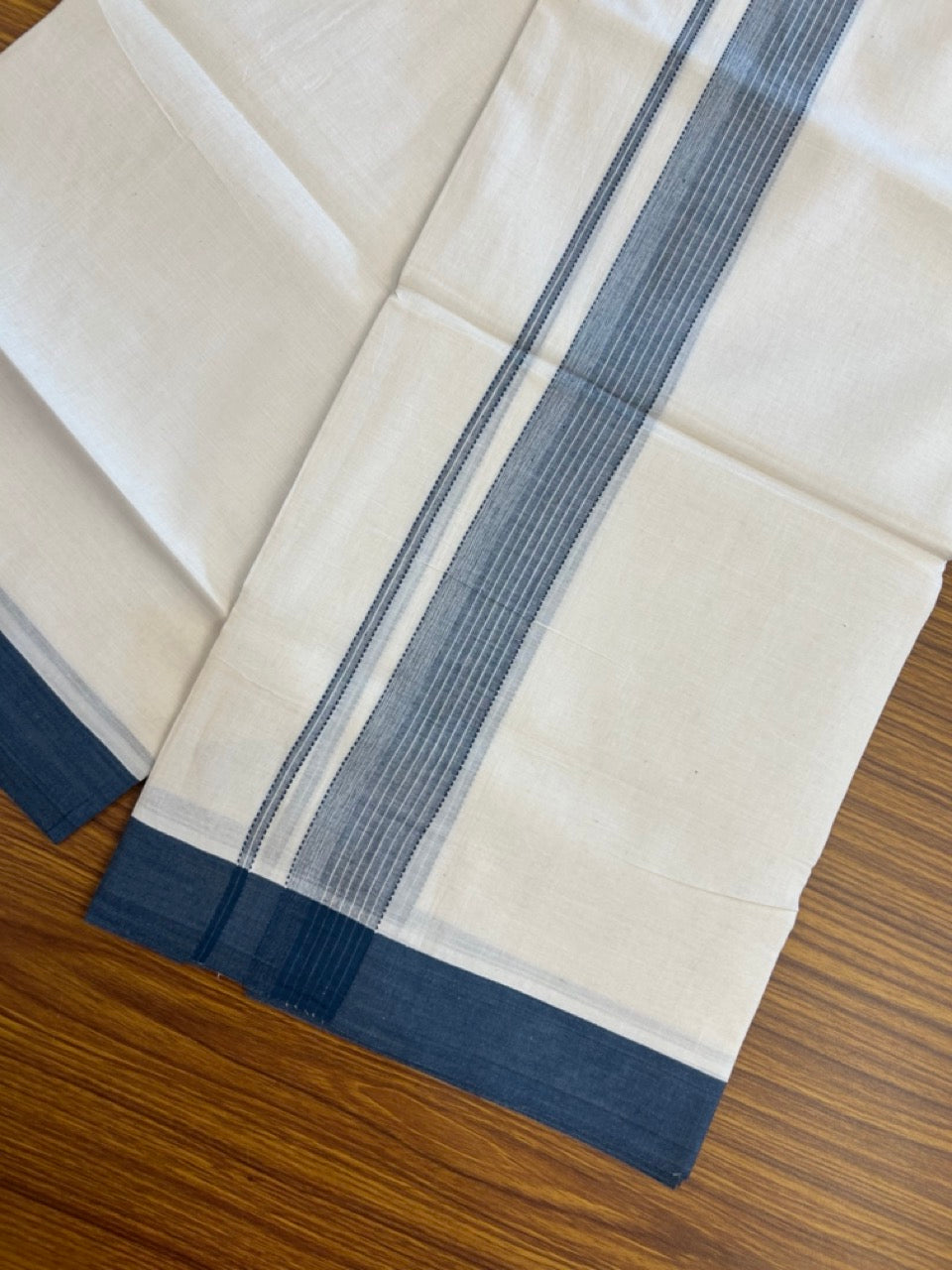 20% DISCOUNT! KaithariKada Balaramapuram Double OFF WHITE Mundu/Dhoti - 100x80 - 1.5 Inch Peacock Blue Shaded striped Kara - 18 KK5285 VAS