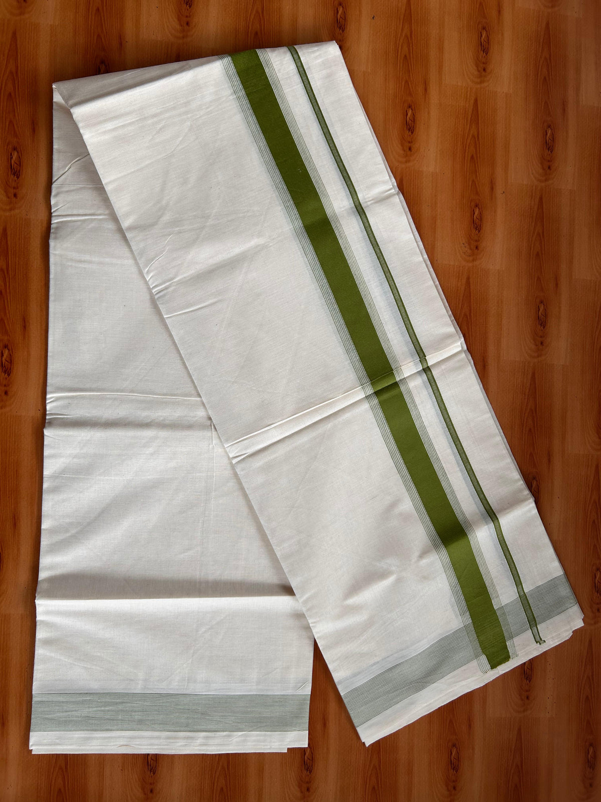Double Off White (Unbleached) Mundu/Dhoti - 20% Discount! Kaitharikada Pulimood Pure Cotton - 100x80 - 1.75 Inch Olive Green Striped Kara 4 mtr (8.5 muzham) - 19 KK5541 PMC