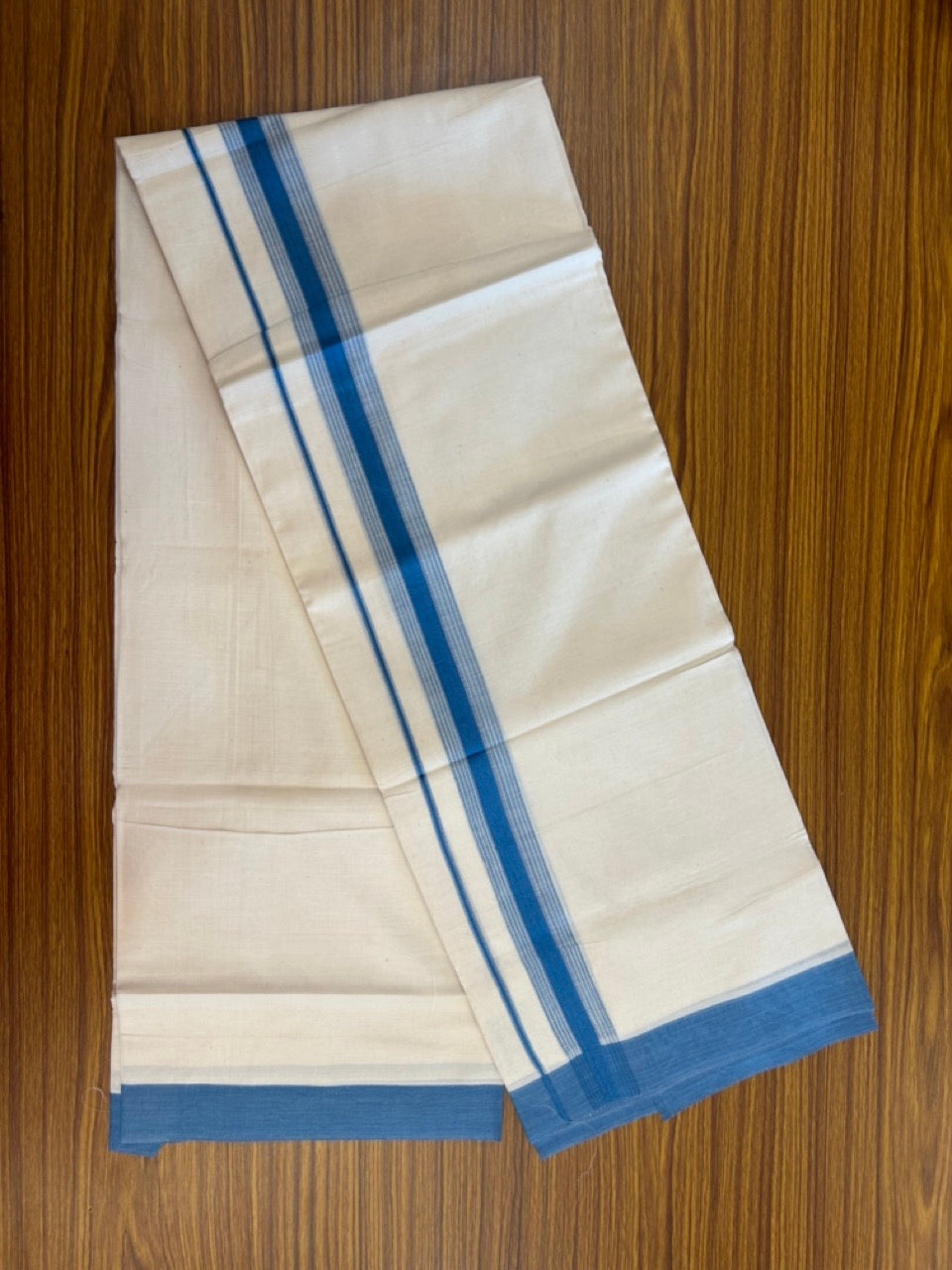 20% DISCOUNT! KaithariKada Balaramapuram Double OFF WHITE Mundu/Dhoti - 100x80 - 1.5 Inch Blue Shaded striped Kara - 19 KK5285 VAS