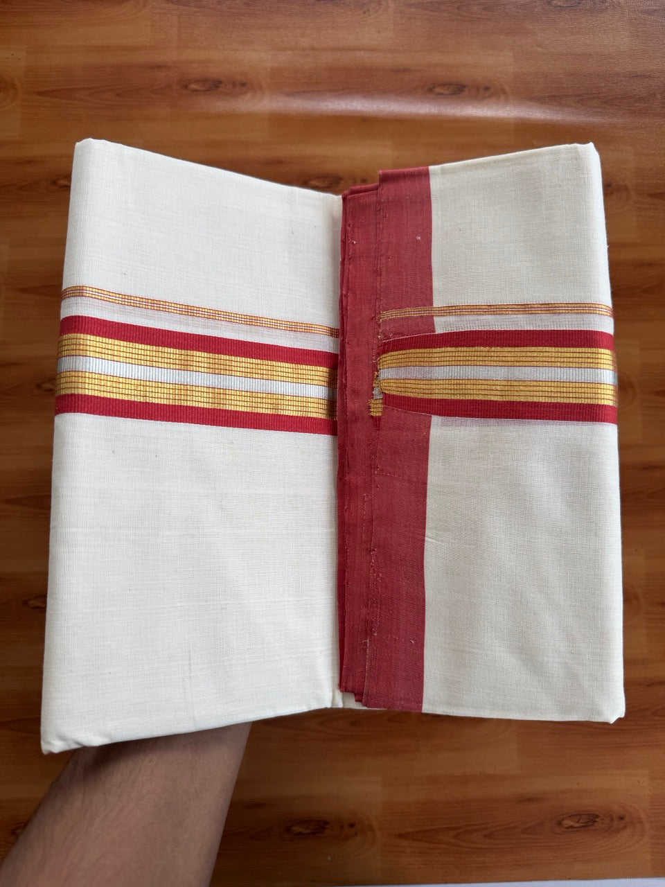 Double Off White (Unbleached) Mundu/Dhoti  25% Discount!! KaithariKada Handloom Millpaav - Kerala Handloom - 100% Pure Cotton - 80x90 - 1.75 Inch Gold Silver Kasav & Peach Red Striped Kara 4 mtr (8.5 Muzham) - 19 KK5508 RAM