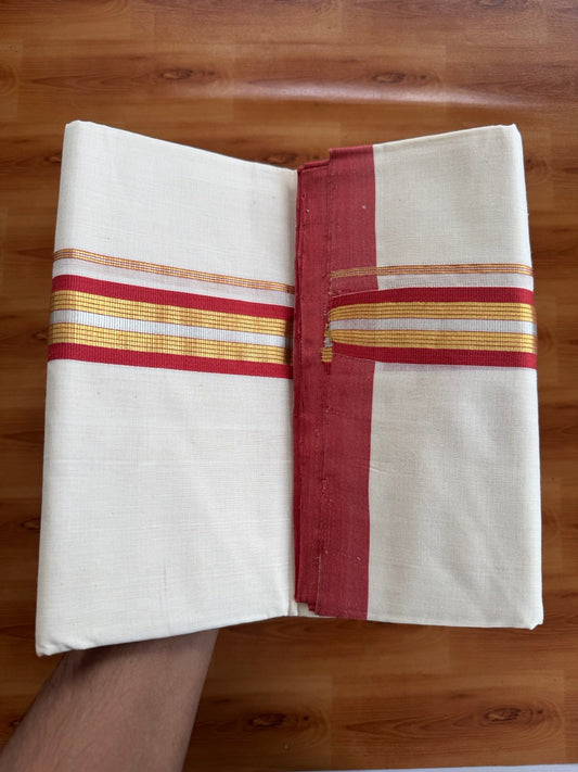 Double Off White (Unbleached) Mundu/Dhoti  25% Discount!! KaithariKada Handloom Millpaav - Kerala Handloom - 100% Pure Cotton - 80x90 - 1.75 Inch Gold Silver Kasav & Peach Red Striped Kara 4 mtr (8.5 Muzham) - 19 KK5508 RAM