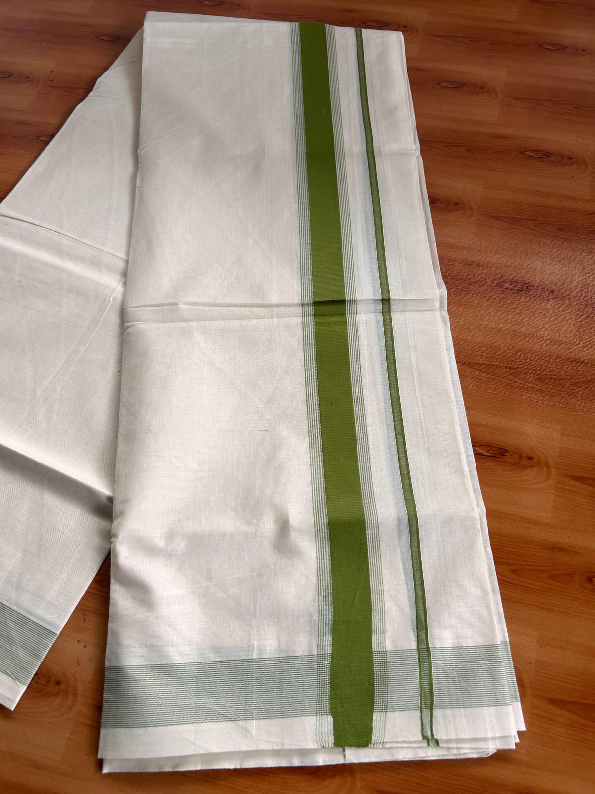 Double Off White (Unbleached) Mundu/Dhoti - 20% Discount! Kaitharikada Pulimood Pure Cotton - 100x80 - 1.75 Inch Olive Green Striped Kara 4 mtr (8.5 muzham) - 19 KK5541 PMC