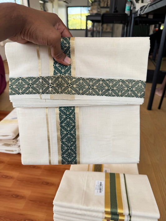 25% Discount ! Kaitharikada Handloom Unakkupaav - Kerala Handloom - 100% Pure Cotton Off White - (Unbleached) Double Mund/Dhoti - 100x80 - 1.75 inch Light Gold Kasav & Green Jacquard Design Kara 4 mtr (8.5 Muzham) - 37 KK5384 ABH