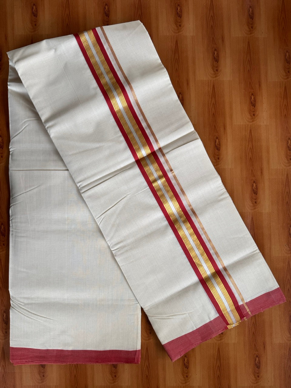 Double Off White (Unbleached) Mundu/Dhoti  25% Discount!! KaithariKada Handloom Millpaav - Kerala Handloom - 100% Pure Cotton - 80x90 - 1.75 Inch Gold Silver Kasav & Peach Red Striped Kara 4 mtr (8.5 Muzham) - 19 KK5508 RAM