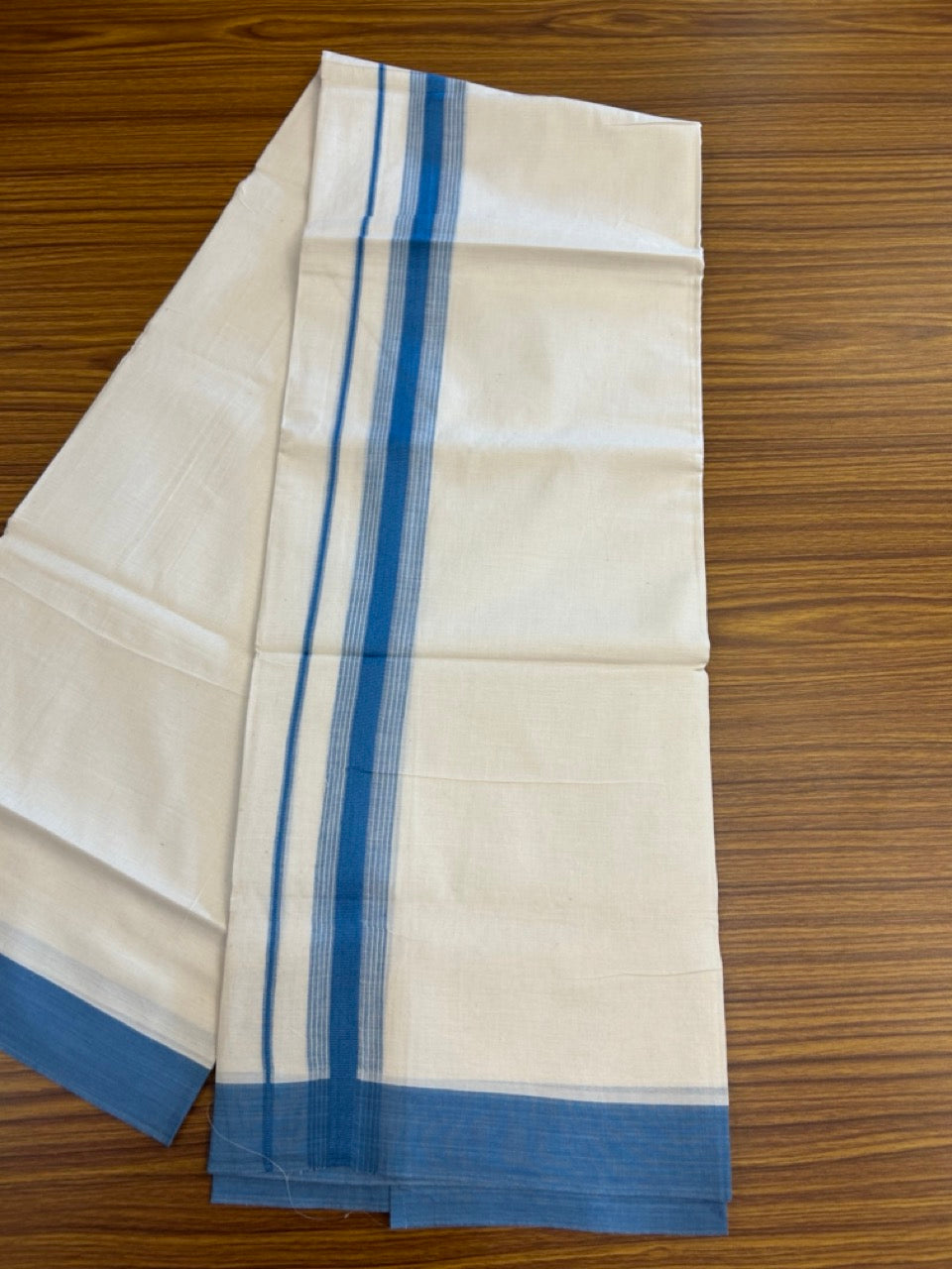 20% DISCOUNT! KaithariKada Balaramapuram Double OFF WHITE Mundu/Dhoti - 100x80 - 1.5 Inch Blue Shaded striped Kara - 19 KK5285 VAS
