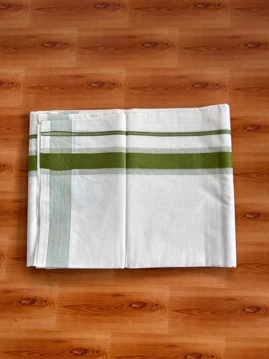 Double Off White (Unbleached) Mundu/Dhoti - 20% Discount! Kaitharikada Pulimood Pure Cotton - 100x80 - 1.75 Inch Olive Green Striped Kara 4 mtr (8.5 muzham) - 19 KK5541 PMC