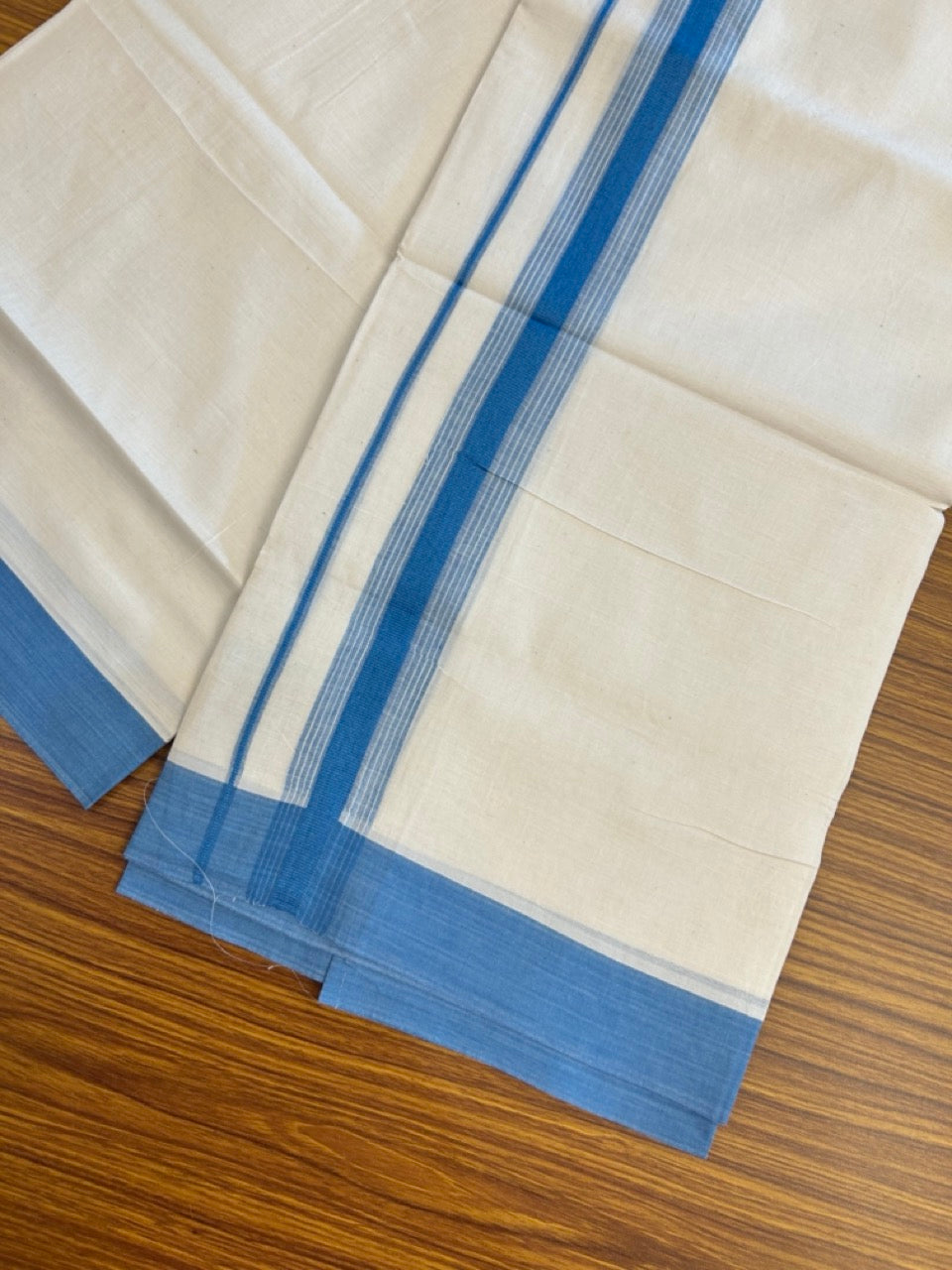 20% DISCOUNT! KaithariKada Balaramapuram Double OFF WHITE Mundu/Dhoti - 100x80 - 1.5 Inch Blue Shaded striped Kara - 19 KK5285 VAS