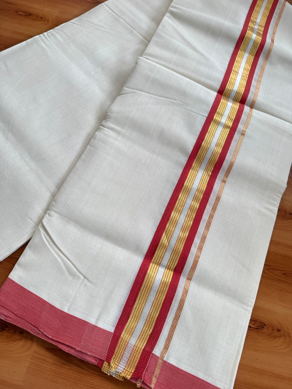 Double Off White (Unbleached) Mundu/Dhoti  25% Discount!! KaithariKada Handloom Millpaav - Kerala Handloom - 100% Pure Cotton - 80x90 - 1.75 Inch Gold Silver Kasav & Peach Red Striped Kara 4 mtr (8.5 Muzham) - 19 KK5508 RAM