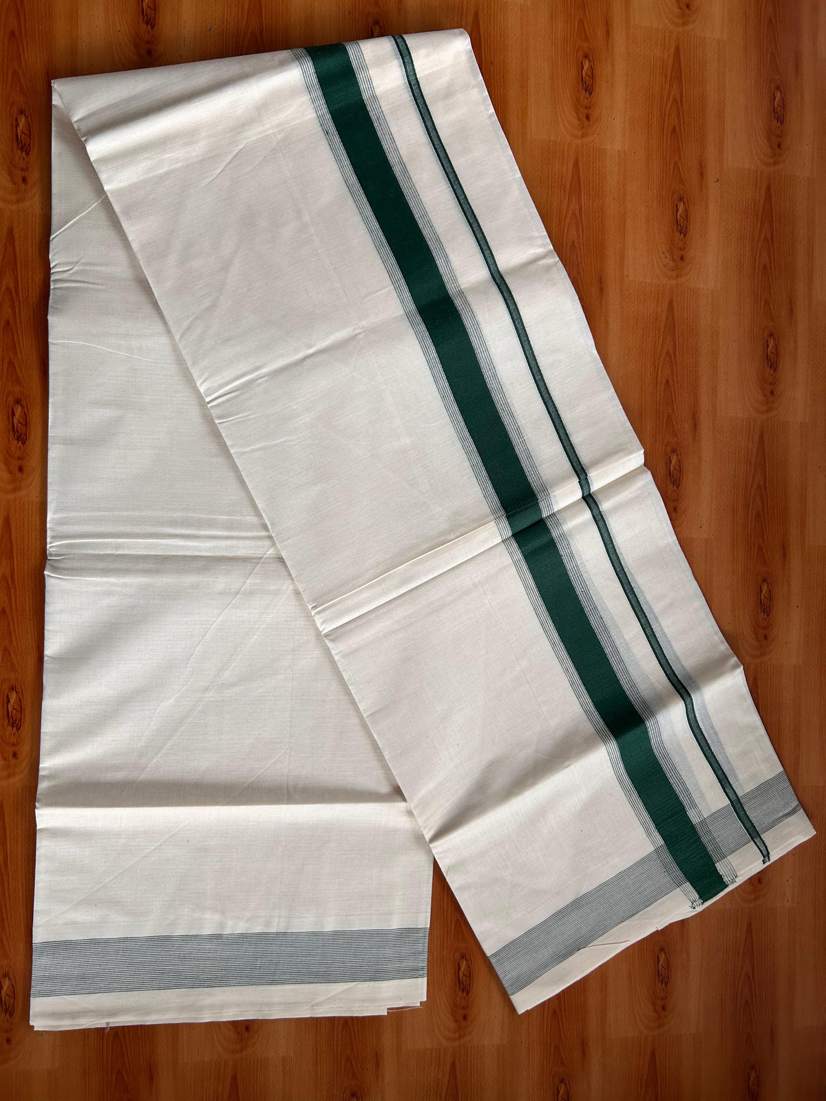 Double Off White (Unbleached) Mundu/Dhoti - 20% Discount! Kaitharikada Pulimood Pure Cotton - 100x80 - 1.5 Inch Dark Green Striped Kara 4 mtr (8.5 muzham) - 20 KK5541 PMC
