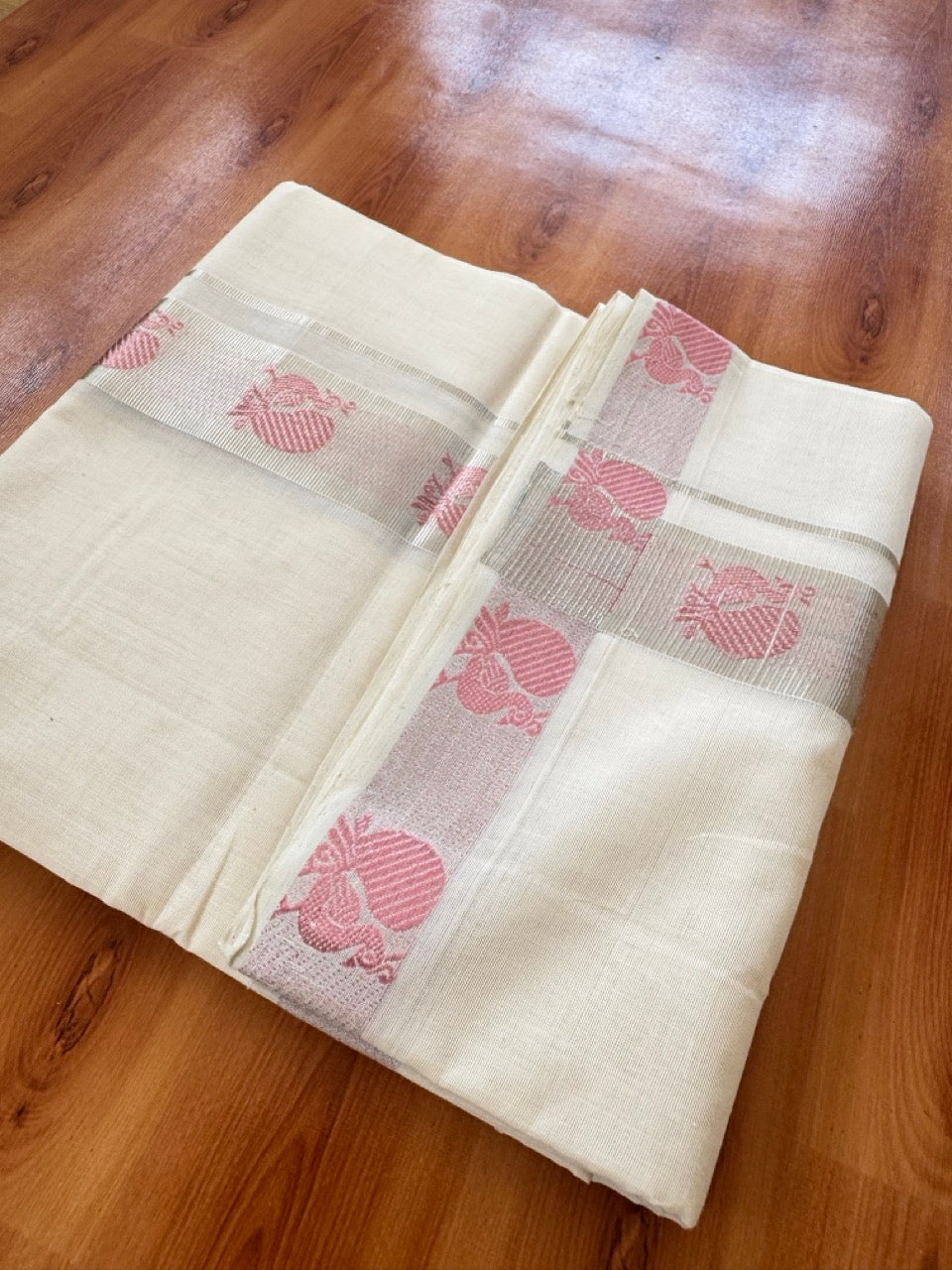 25% Discount ! Kaitharikada Handloom Unakkupaav - Kerala Handloom - 100% Pure Cotton Off White - (Unbleached) Double Mund/Dhoti - 100x80 - 1.75 inch Silver & Rose Pink Kasav Peacock Jacquard Design Kara 4 mtr (8.5 Muzham) - 38 KK5384 ABH